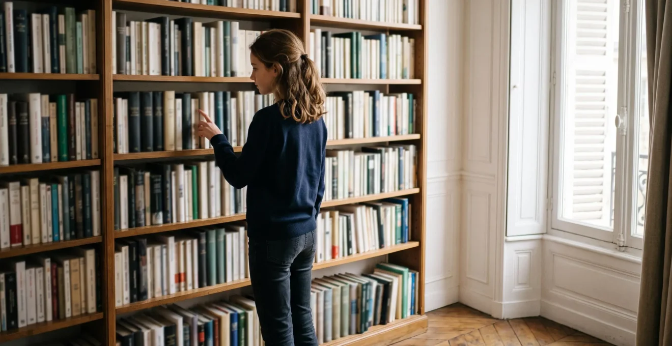 Adolescent français choisissant seul un livre parmi une bibliothèque personnelle, dans une chambre lumineuse