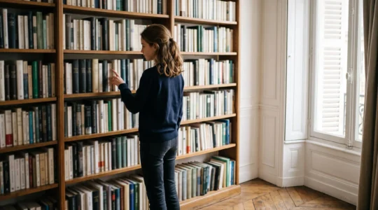 Adolescent français choisissant seul un livre parmi une bibliothèque personnelle, dans une chambre lumineuse