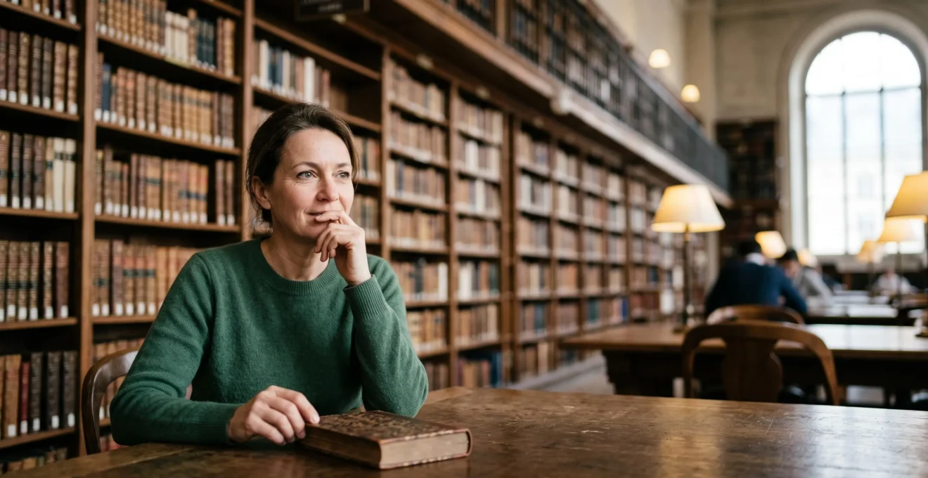 Une personne concentree construit sa culture par une lecture structuree dans un cadre inspire d'une bibliotheque francaise
