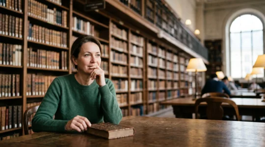 Une personne concentree construit sa culture par une lecture structuree dans un cadre inspire d'une bibliotheque francaise