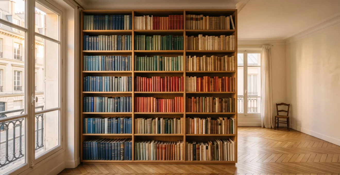 Étagère de bibliothèque personnelle harmonieuse dans un appartement parisien, avec des livres reliés organisés par teintes et collections