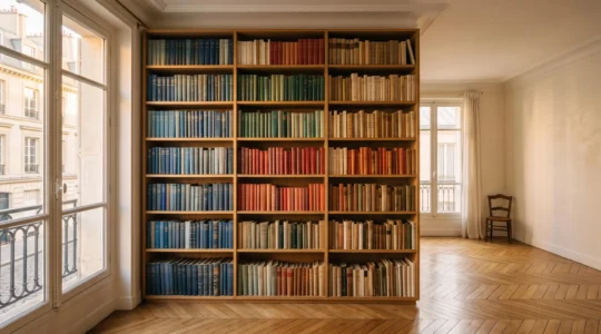 Étagère de bibliothèque personnelle harmonieuse dans un appartement parisien, avec des livres reliés organisés par teintes et collections