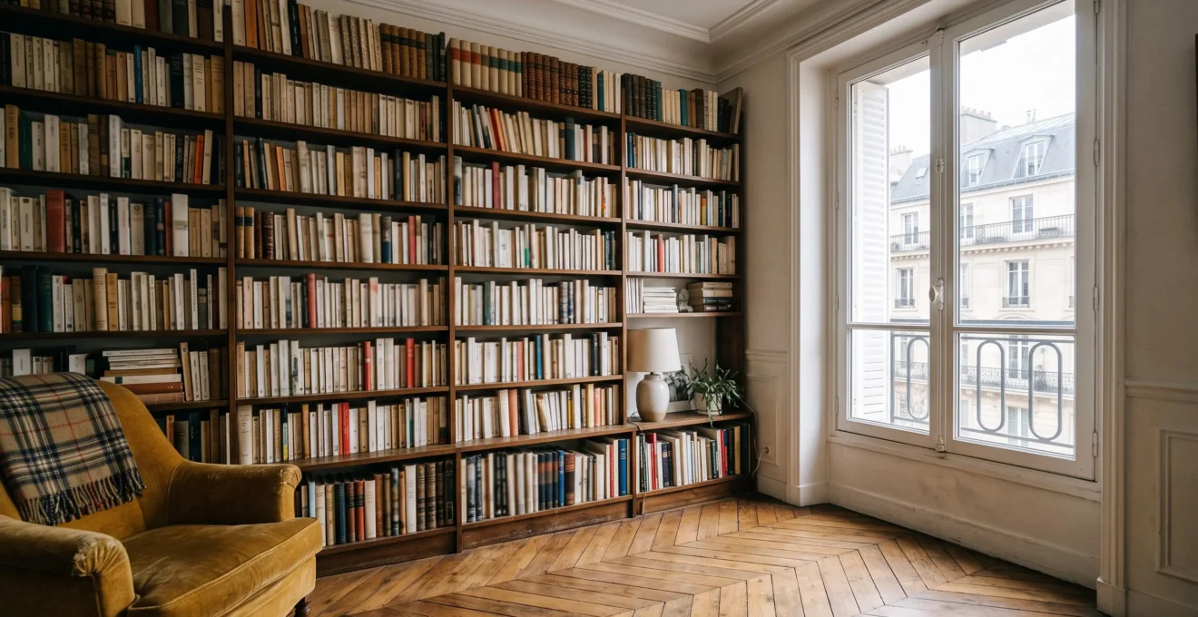 Bibliothèque murale du sol au plafond dans un studio parisien lumineux abritant des centaines de livres
