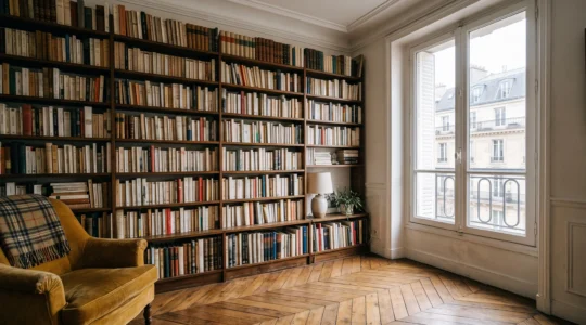 Bibliothèque murale du sol au plafond dans un studio parisien lumineux abritant des centaines de livres