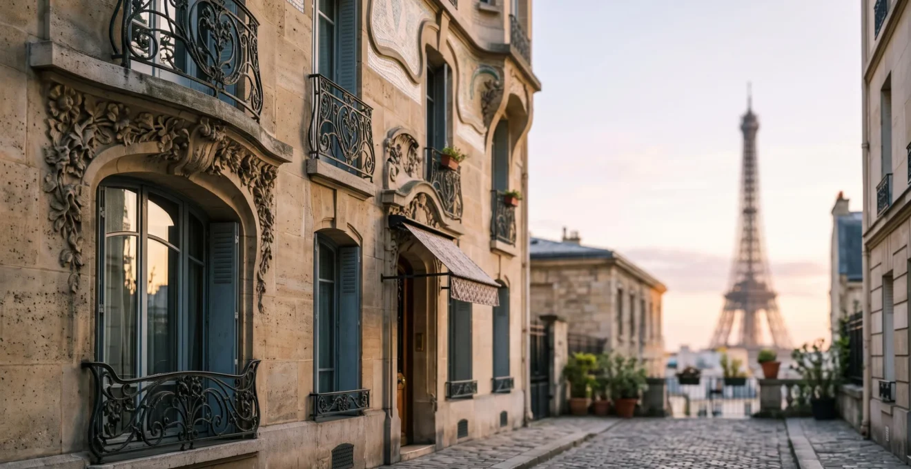 Ruelle pavee d'un quartier residentiel francais avec une facade Art Nouveau meconnue en premiere plan et la silhouette floue d'un monument celebre a l'arriere-plan