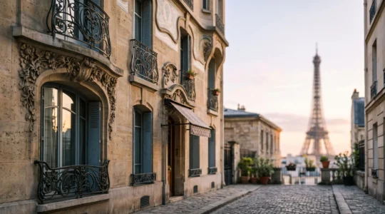 Ruelle pavee d'un quartier residentiel francais avec une facade Art Nouveau meconnue en premiere plan et la silhouette floue d'un monument celebre a l'arriere-plan