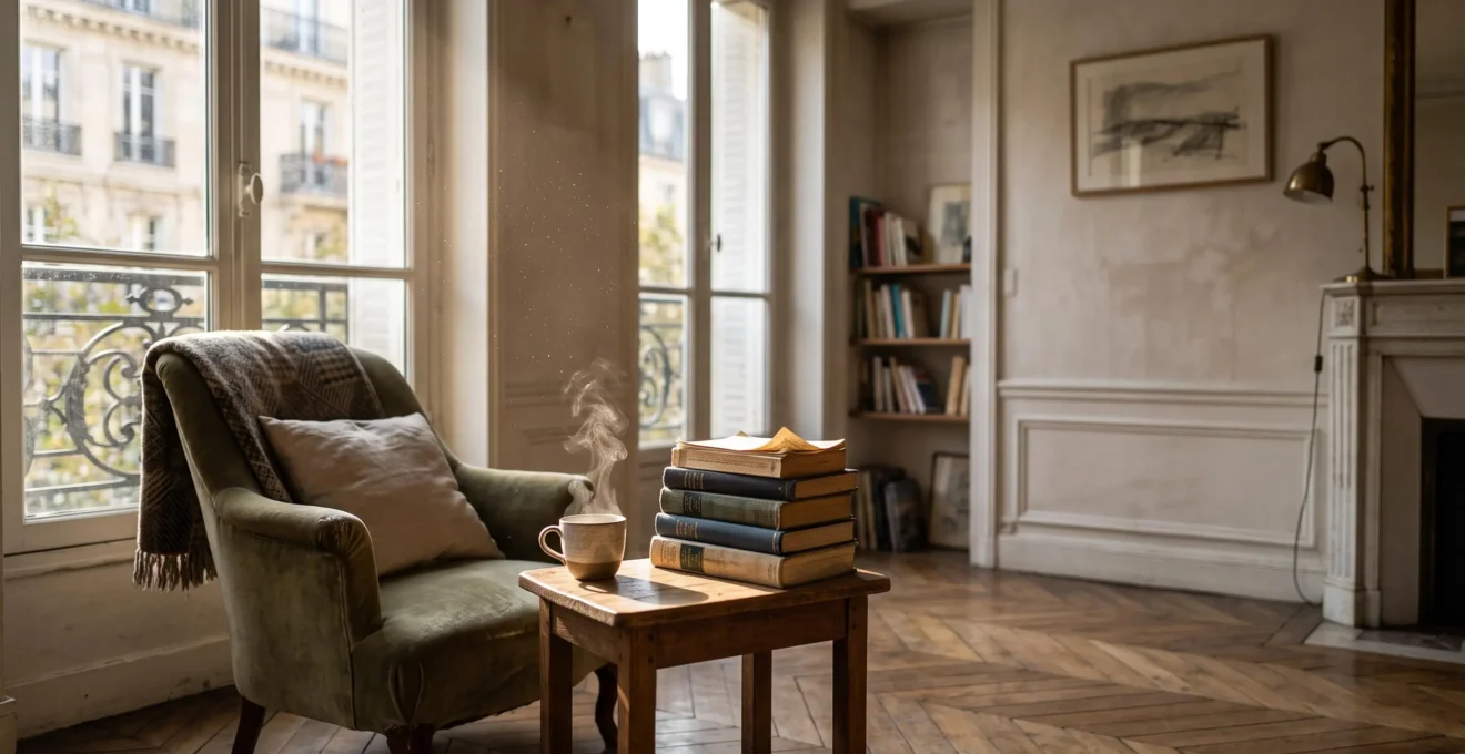 Photographie symbolique d'un esprit qui filtre ses lectures entre oubli et mémorisation durable, dans un intérieur parisien feutré
