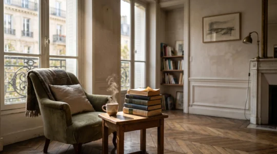 Photographie symbolique d'un esprit qui filtre ses lectures entre oubli et mémorisation durable, dans un intérieur parisien feutré
