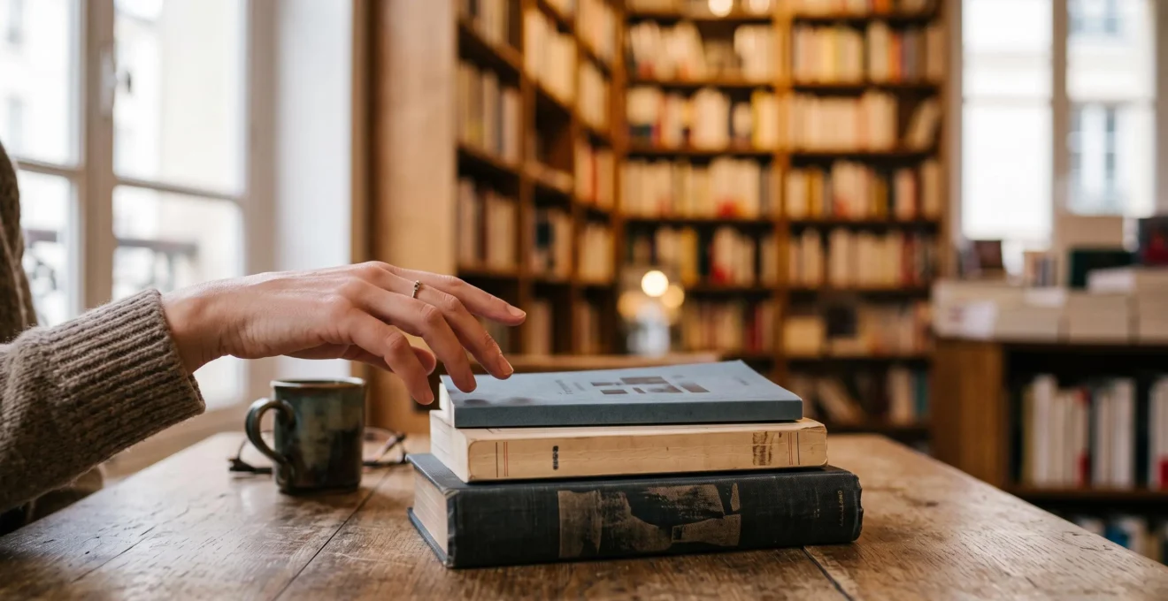 Une main hésite entre plusieurs livres de tailles différentes posés sur une table en bois dans une librairie indépendante lumineuse, illustrant le choix de la longueur de lecture idéale.