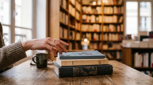 Une main hésite entre plusieurs livres de tailles différentes posés sur une table en bois dans une librairie indépendante lumineuse, illustrant le choix de la longueur de lecture idéale.