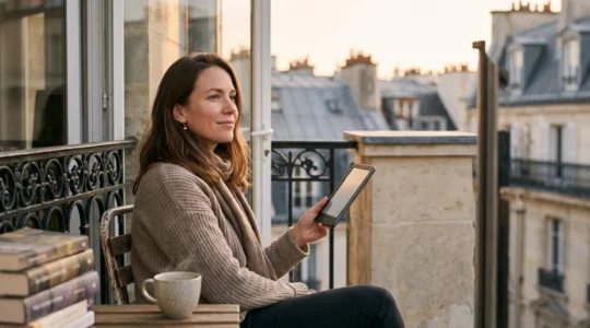 Une personne installee confortablement lit sur une liseuse electronique dans une ambiance chaleureuse, illustrant le choix d'une liseuse adaptee a son profil de lecteur