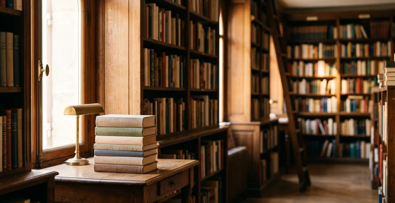 Bibliothèque parisienne baignée de lumière naturelle, symbole de la solidité et de la cohérence d'un récit romanesque