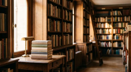 Bibliothèque parisienne baignée de lumière naturelle, symbole de la solidité et de la cohérence d'un récit romanesque