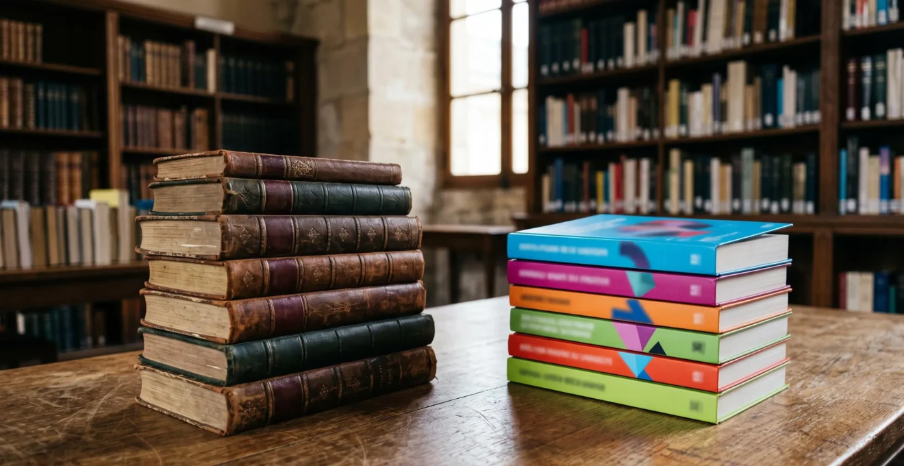 Deux piles de livres contrastées symbolisant la différence entre un ouvrage documentaire rigoureux et un contenu superficiel, dans une lumière de bibliothèque française