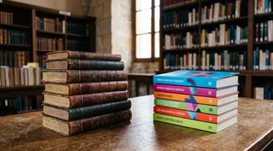 Deux piles de livres contrastées symbolisant la différence entre un ouvrage documentaire rigoureux et un contenu superficiel, dans une lumière de bibliothèque française