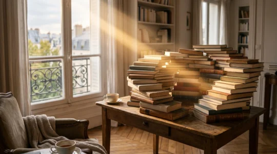 Bibliothèque parisienne aux étagères variées symbolisant la diversité des lectures et les connexions neuronales