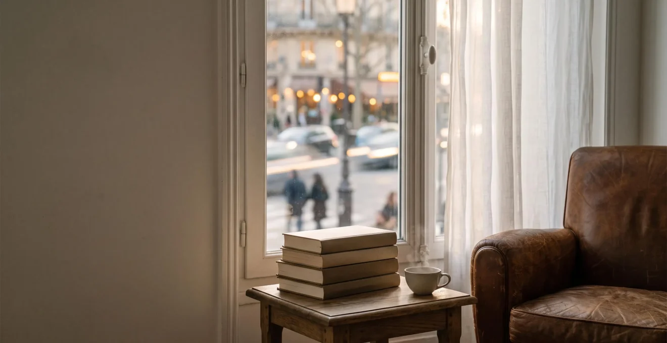 Salon parisien baigné de lumière douce avec une pile de livres fermés près d'une fenêtre, symbolisant l'équilibre entre lecture lente et lecture rapide