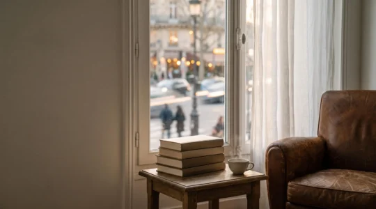 Salon parisien baigné de lumière douce avec une pile de livres fermés près d'une fenêtre, symbolisant l'équilibre entre lecture lente et lecture rapide