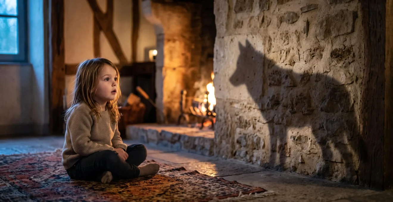 Un enfant assis pres d'une cheminee en pierre dans une maison de campagne francaise, absorbe par une histoire racontee, avec une ombre symbolique de loup projetee sur le mur