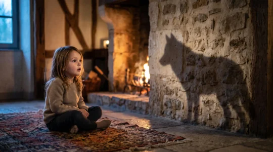 Un enfant assis pres d'une cheminee en pierre dans une maison de campagne francaise, absorbe par une histoire racontee, avec une ombre symbolique de loup projetee sur le mur