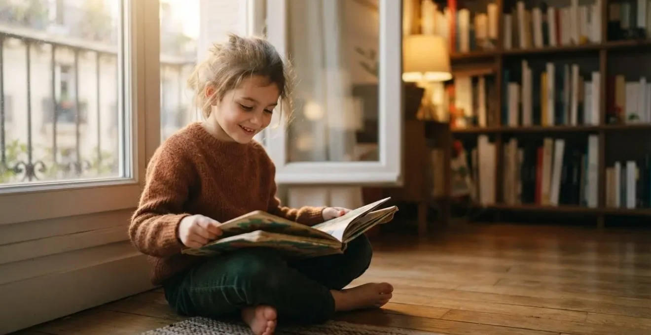 Un enfant de 8 ans savourant un livre illustre dans un cadre chaleureux, symbole du plaisir de lire retrouve