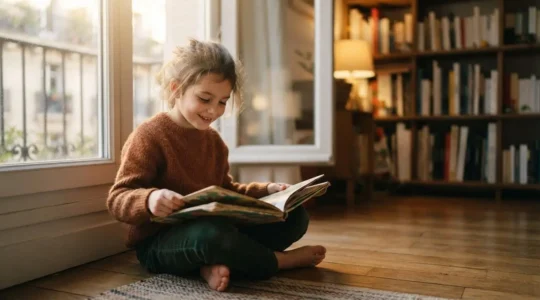 Un enfant de 8 ans savourant un livre illustre dans un cadre chaleureux, symbole du plaisir de lire retrouve