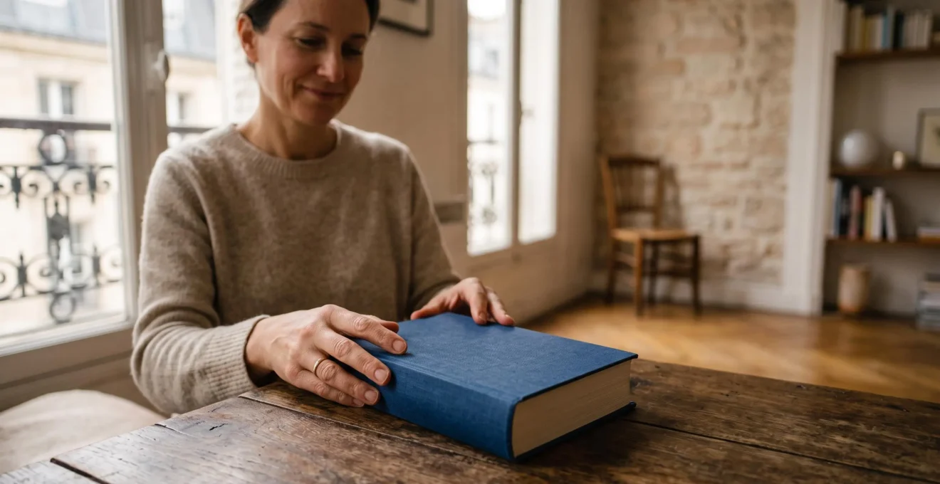 Gros plan sur des mains refermant délicatement un livre relié, illustrant la fierté de terminer sa lecture