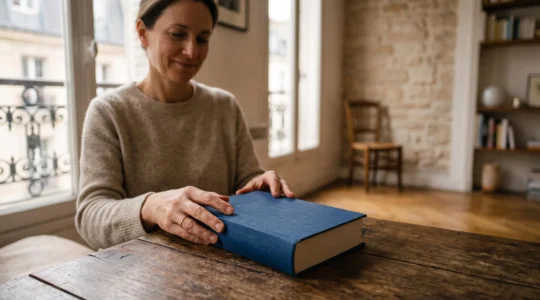 Gros plan sur des mains refermant délicatement un livre relié, illustrant la fierté de terminer sa lecture