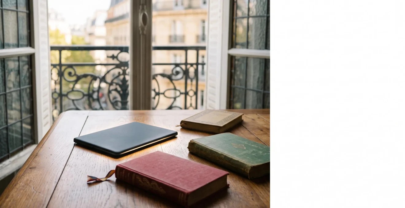 Liseuse numerique abstraite posee sur une table en bois dans un appartement parisien lumineux, symbolisant la navigation rapide dans un livre numerique