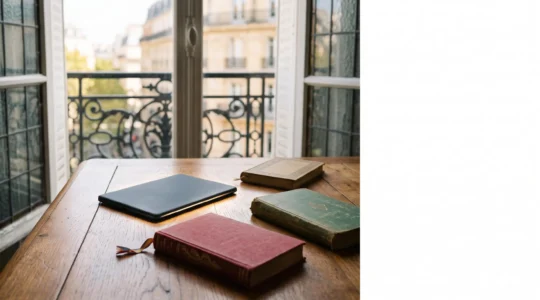 Liseuse numerique abstraite posee sur une table en bois dans un appartement parisien lumineux, symbolisant la navigation rapide dans un livre numerique