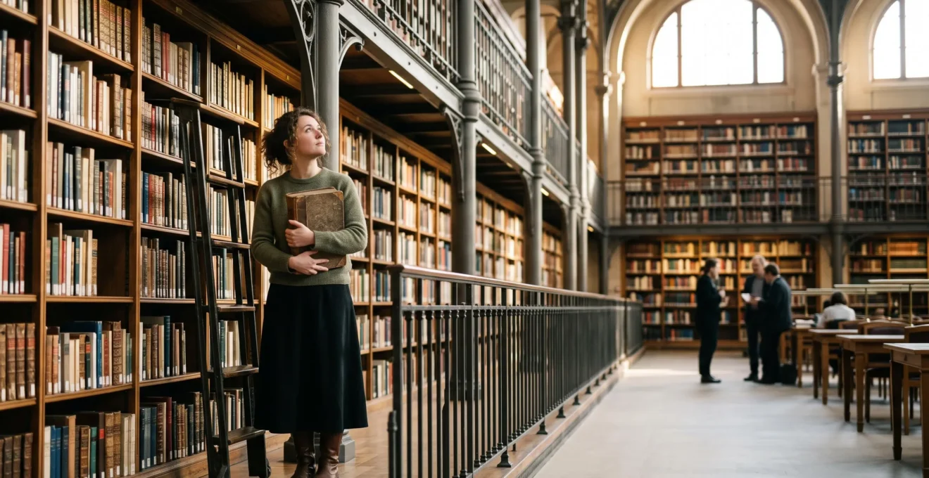 Un lecteur se tient dans une grande bibliothèque française, absorbé par un livre, symbolisant le chemin vers un dialogue d'égal à égal avec les experts