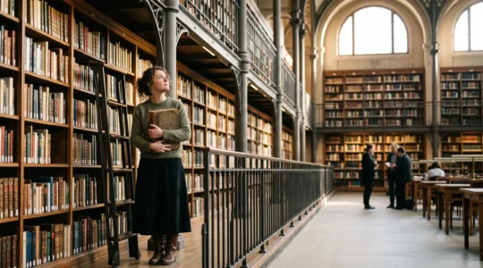 Un lecteur se tient dans une grande bibliothèque française, absorbé par un livre, symbolisant le chemin vers un dialogue d'égal à égal avec les experts