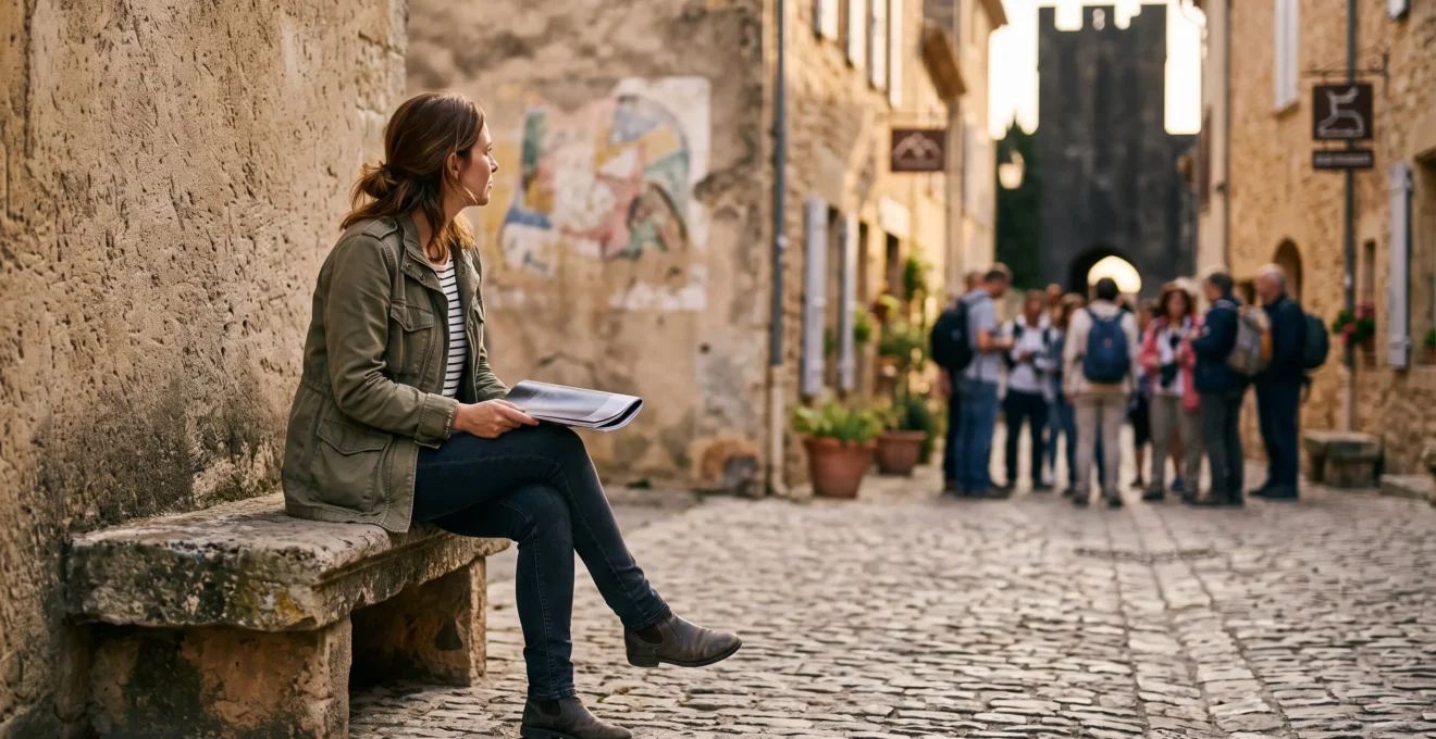 Une personne assise sur un banc en pierre lit un magazine urbain replie dans une ruelle pavee discrete d'une ville francaise, loin de la foule touristique.