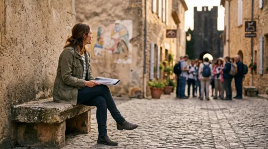 Une personne assise sur un banc en pierre lit un magazine urbain replie dans une ruelle pavee discrete d'une ville francaise, loin de la foule touristique.