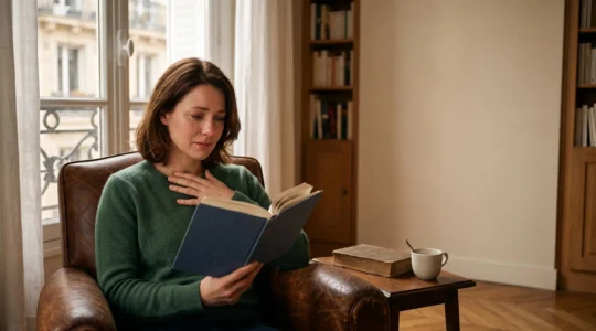 Une personne profondement absorbee dans la lecture d'un roman, assise pres d'une fenetre baignee de lumiere naturelle dans un interieur parisien