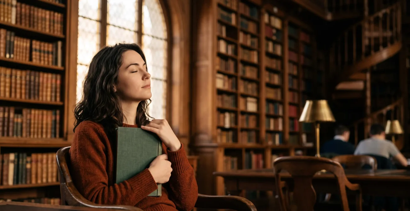 Portrait pensif d'un lecteur dans une bibliotheque parisienne, symbolisant la memorisation active