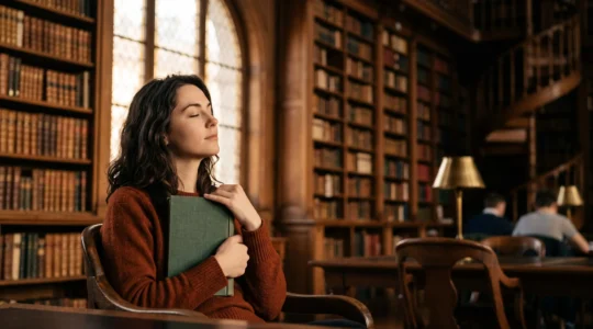 Portrait pensif d'un lecteur dans une bibliotheque parisienne, symbolisant la memorisation active