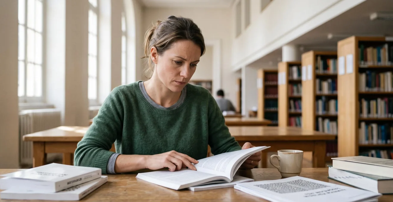 Une personne non-scientifique lisant attentivement des publications de recherche dans une ambiance calme et studieuse, en France