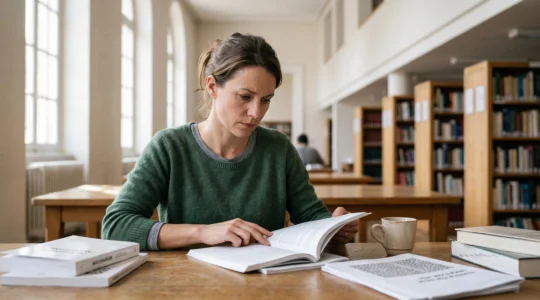 Une personne non-scientifique lisant attentivement des publications de recherche dans une ambiance calme et studieuse, en France