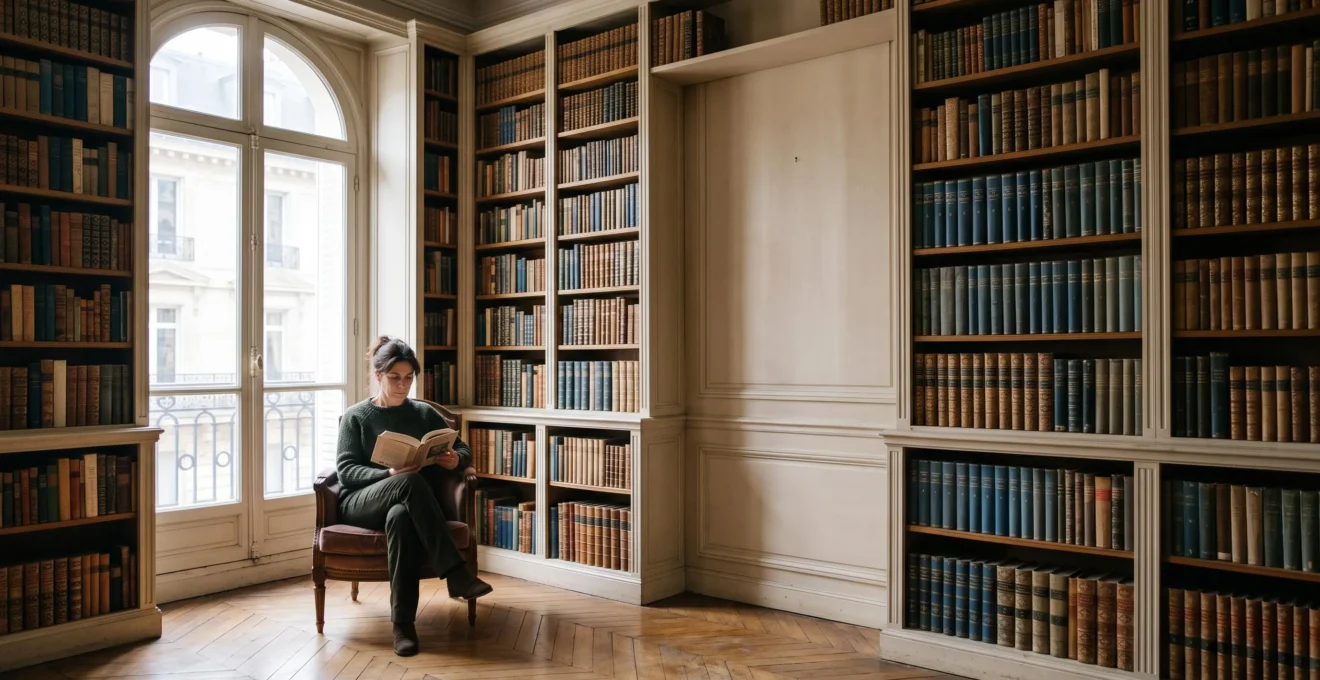 Silhouette lisant dans une bibliotheque parisienne baignee de lumiere douce, symbolisant la concentration et l'agilite mentale par la lecture