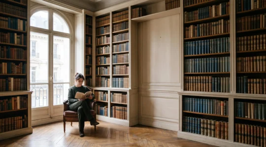 Silhouette lisant dans une bibliotheque parisienne baignee de lumiere douce, symbolisant la concentration et l'agilite mentale par la lecture