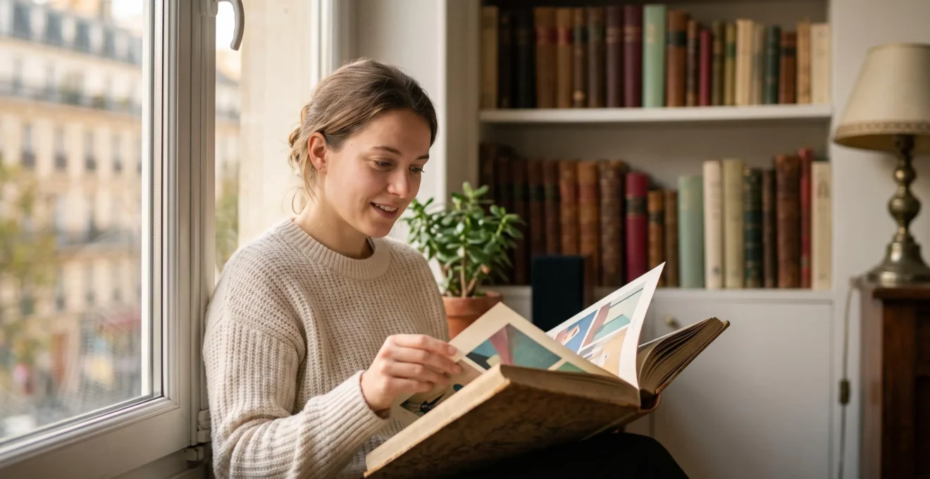 Une personne plongee dans la decouverte d'un livre illustre melant bande dessinee et art visuel, symbole de l'enrichissement de la culture litteraire