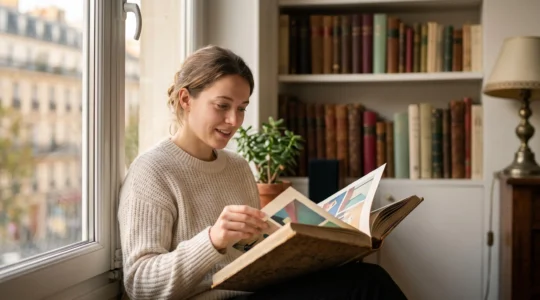 Une personne plongee dans la decouverte d'un livre illustre melant bande dessinee et art visuel, symbole de l'enrichissement de la culture litteraire