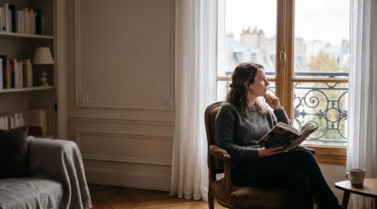 Portrait contemplatif d'une personne plongée dans la lecture, symbolisant la quête de sens et de connaissance de soi