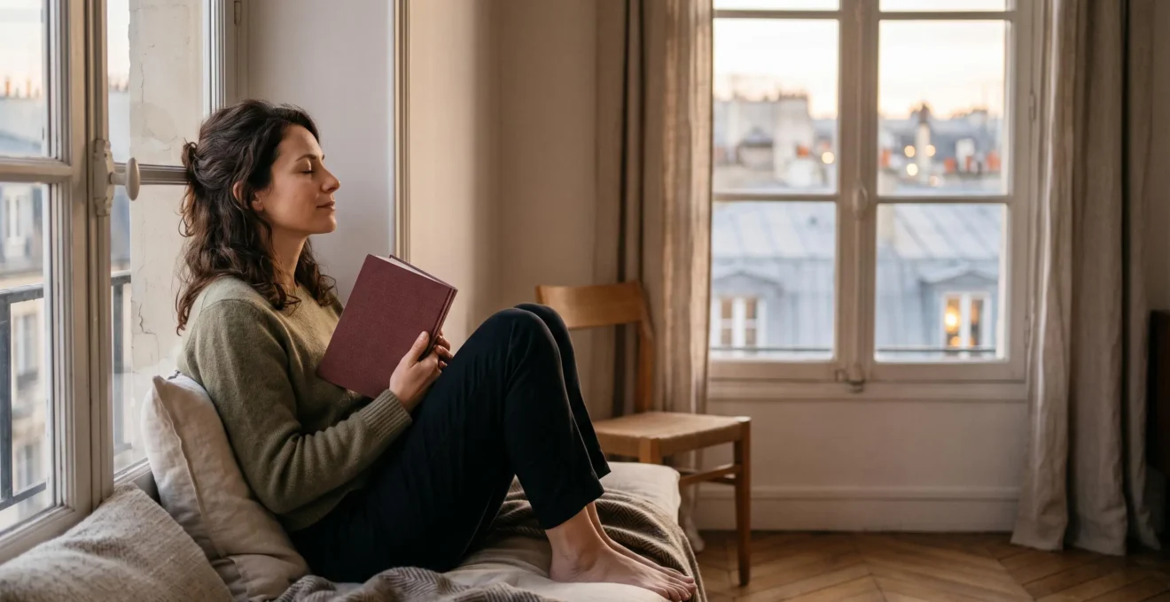 Personne installée près d'une fenêtre parisienne en train de lire un livre pour se détendre après une journée stressante