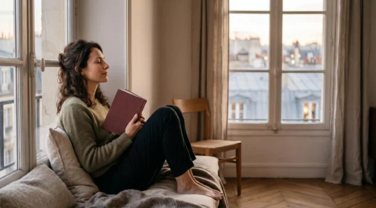 Personne installée près d'une fenêtre parisienne en train de lire un livre pour se détendre après une journée stressante