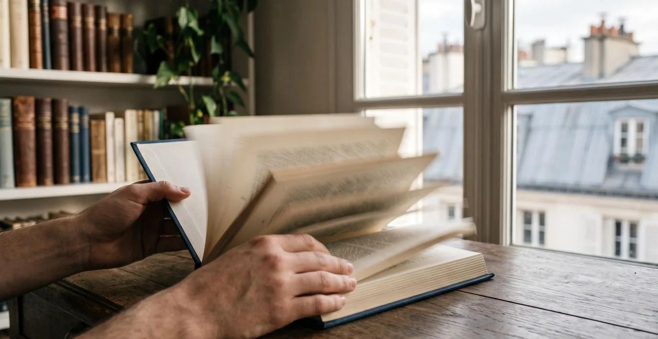 Mains feuilletant rapidement un livre avec un effet de flou de mouvement dans un appartement parisien lumineux