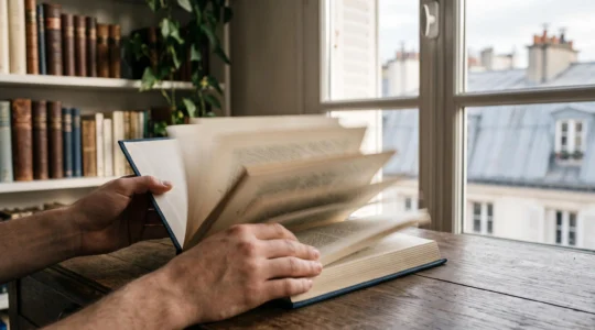 Mains feuilletant rapidement un livre avec un effet de flou de mouvement dans un appartement parisien lumineux