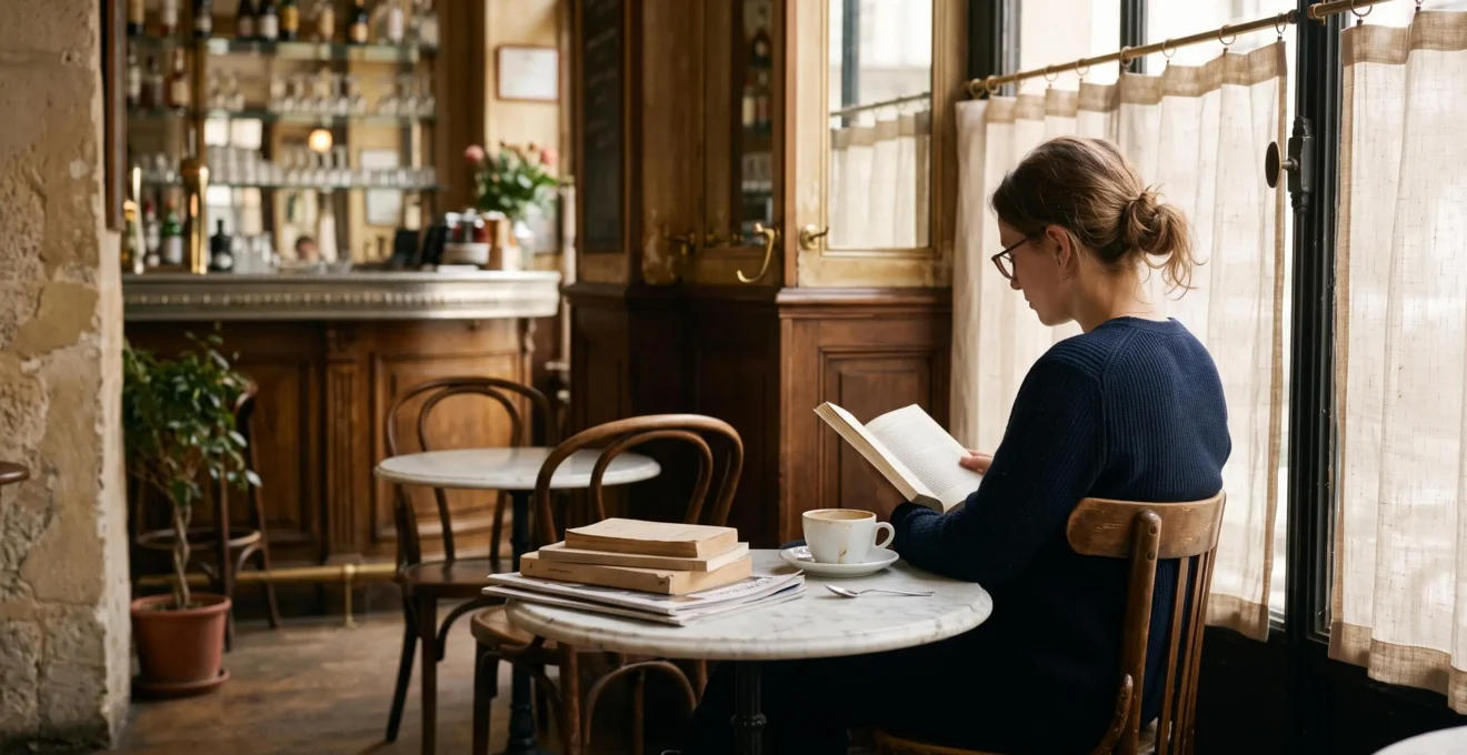 Une personne assise dans un café parisien typique, entourée de livres et de magazines empilés, absorbée dans sa lecture, symbolisant l'immersion culturelle par la lecture