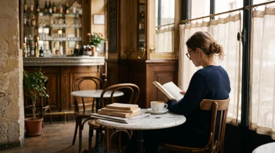 Une personne assise dans un café parisien typique, entourée de livres et de magazines empilés, absorbée dans sa lecture, symbolisant l'immersion culturelle par la lecture